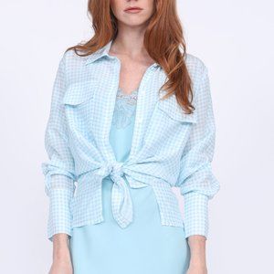 Gold Hawk Silk Light Aqua Blue Gingham Button up Tunic
